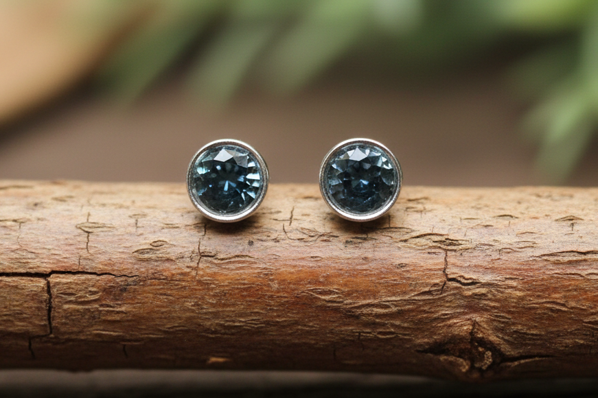 Denim Blue Crystal Post Steel Earrings, Swarovski, Stud Earrings, Blue, Rare, Bezel Set, 6mm