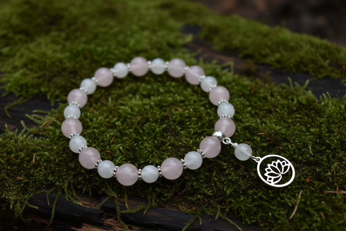 Rose Quartz & Blue Flash Moonstone Gemstone Bracelet, Pink & White Stretch Bracelet, Lotus Bracelet, Anxiety Bracelet