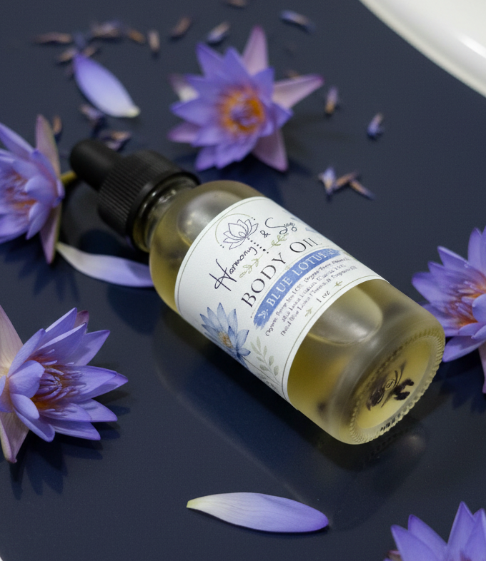 Blue Lotus Infused Body Oil - Limited Edition- Lotus Blossom, Egyptian Blue Lotus Oil, Sweet Almond Oil,  Hemp Seed Oil, Vitamin E Oil
