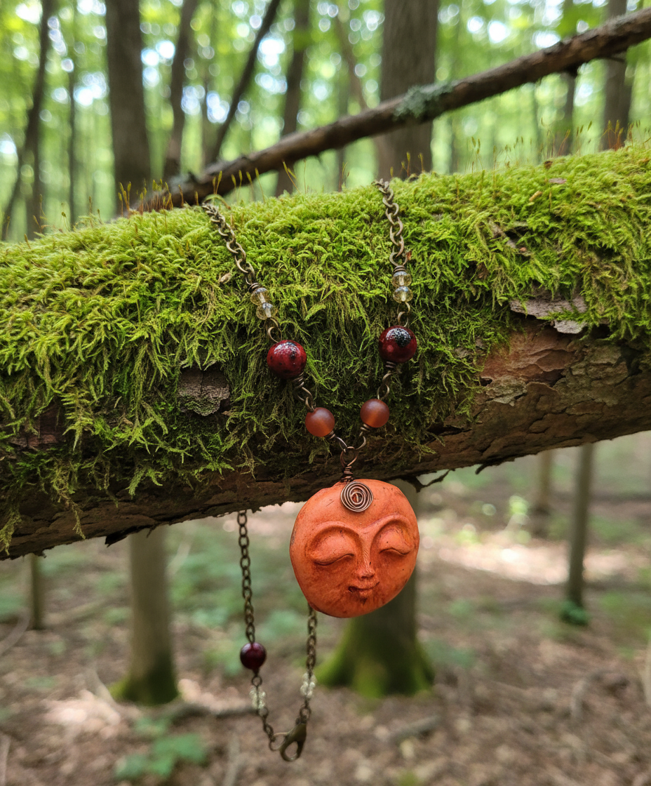 Handmade Moon Face Polymer Clay Copper Necklace, Carnelian, Beaded