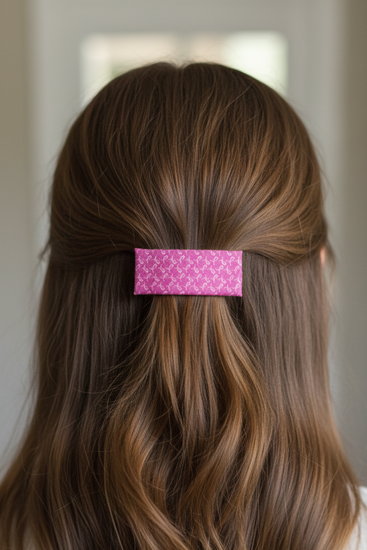 Breast Cancer Hair Clip, Pink Ribbon French Hair Clip, Fabric Clip, 2.50 Inch, Rectangle, Leather Lined Barrette