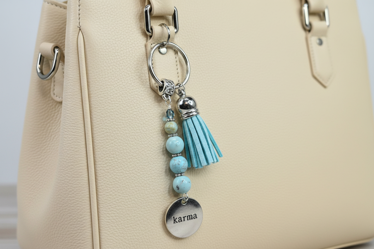 Keychain, Purse Charm, Gemstone Beaded Chain, Zipper Pull, Karma Light Cream Turquoise, Light Blue Tassel