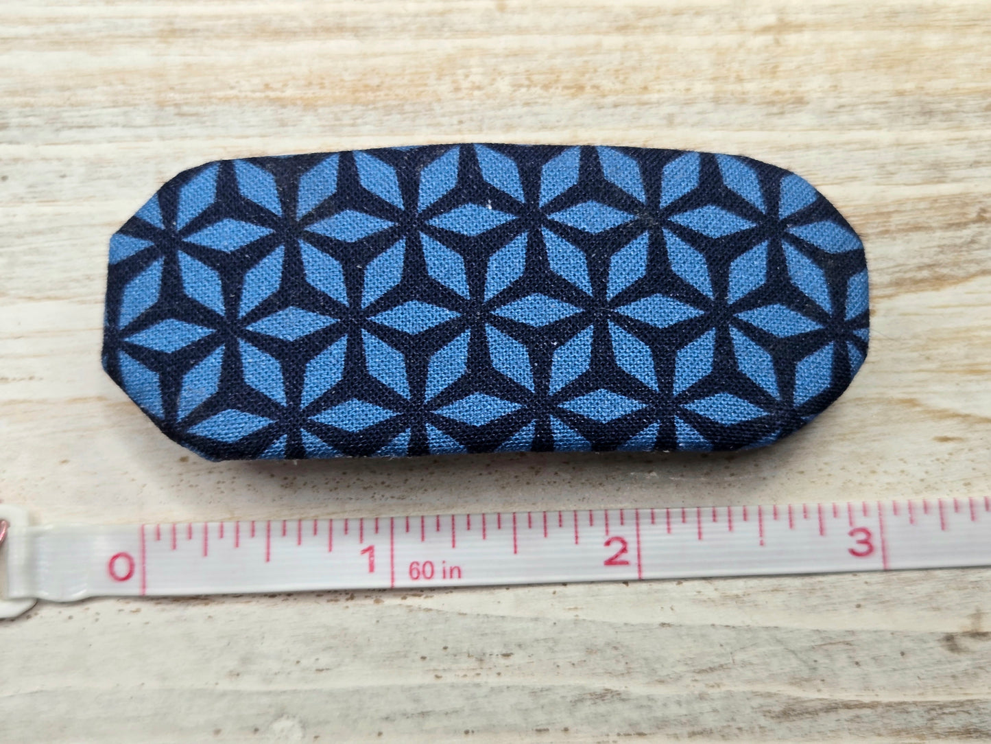 Blue Geometric French Hair Clip, Fabric Clip, 3 Inch, Oval