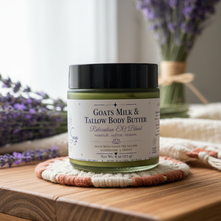 Goats Milk & Tallow Body Butter, Moisturizing Butter, Cream, Whipped Body Butter, Relaxation, Essential Oil Blend, 4 OZ