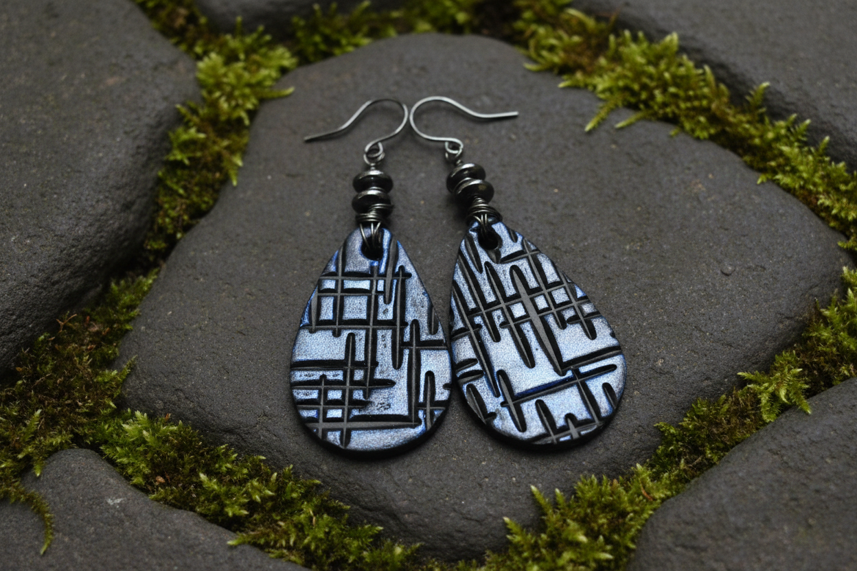 Polymer Clay Gunmetal Earrings, Artisan Handmade Earrings