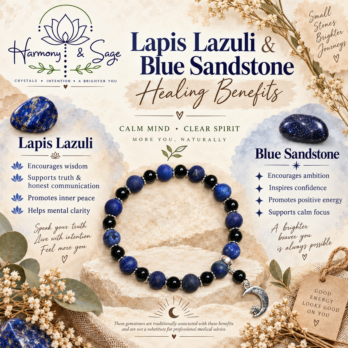 Lapis Lazuli & Blue Sandstone Healing Bracelet, Moon Stretch Bracelet, Blue Bracelet