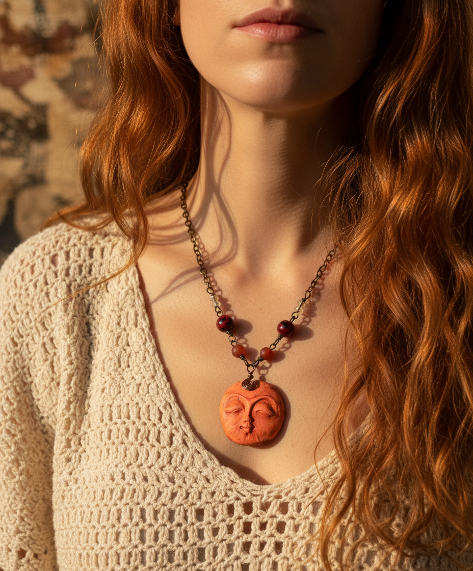Handmade Moon Face Polymer Clay Copper Necklace, Carnelian, Beaded