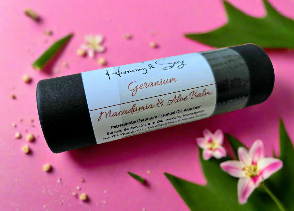 Balm stick with a label on a wooden surface