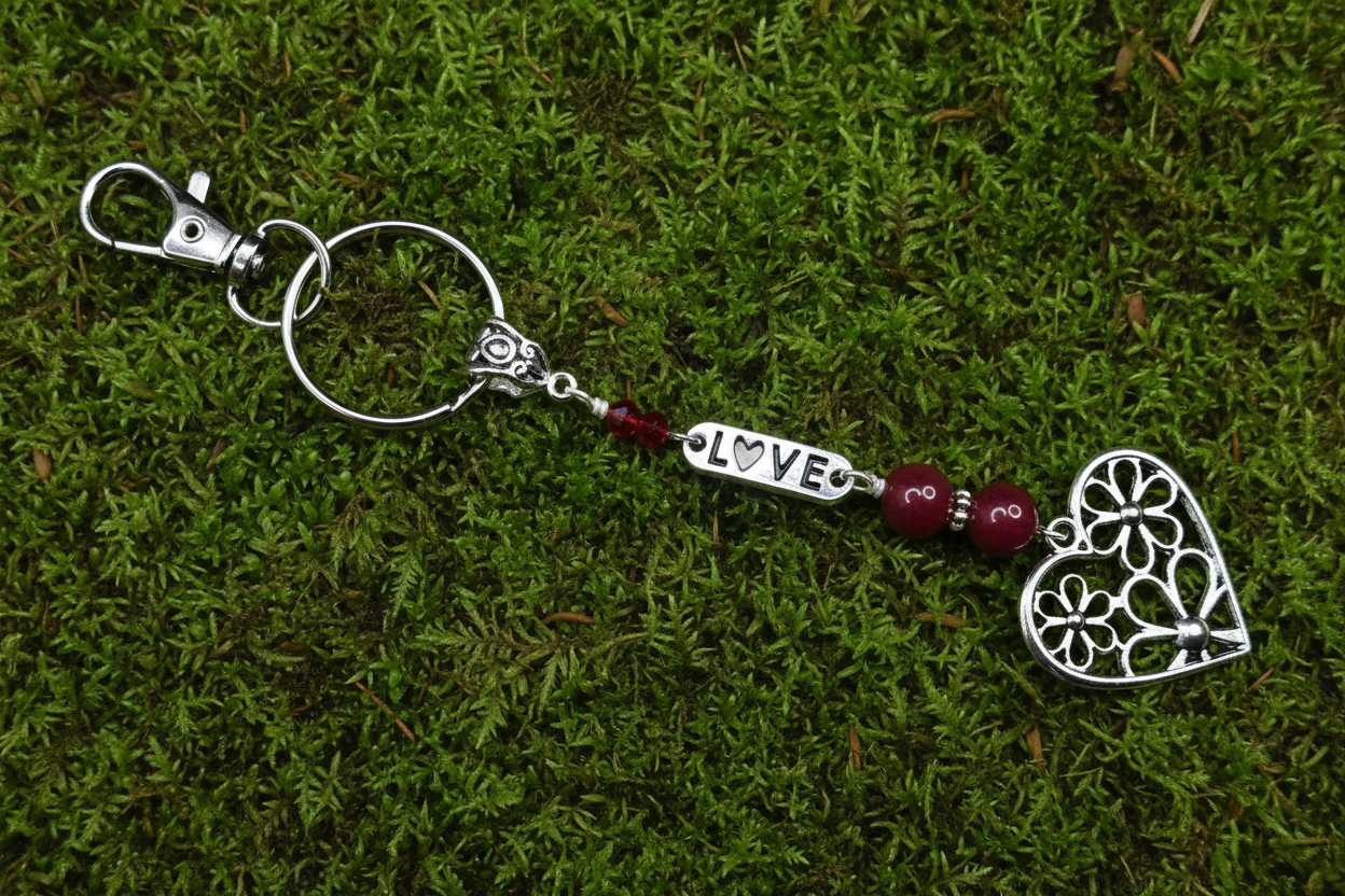 Key Chain, Purse Charm, Gemstone Beaded Chain, Zipper Pull,  Heart, Red Jade