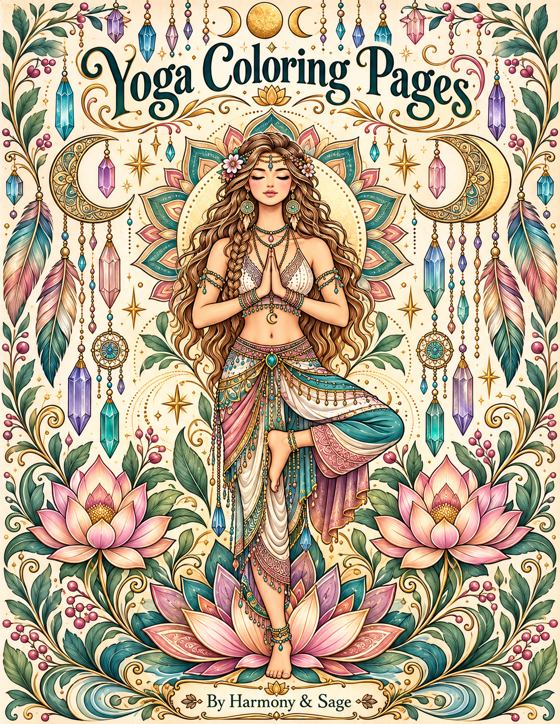 Digital Coloring Pages, Adult Coloring Art, Boho Yoga, Relaxation