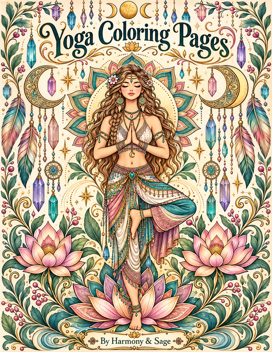 Digital Coloring Pages, Adult Coloring Art, Boho Yoga, Relaxation