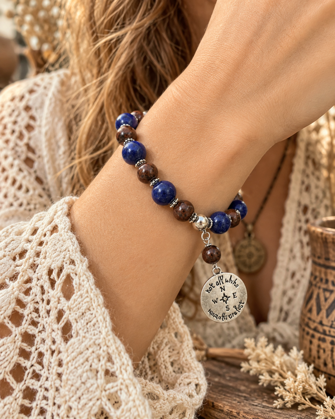 Lapis & Mahogany Obsidian Gemstone Bracelet, Wander Stretch Bracelet