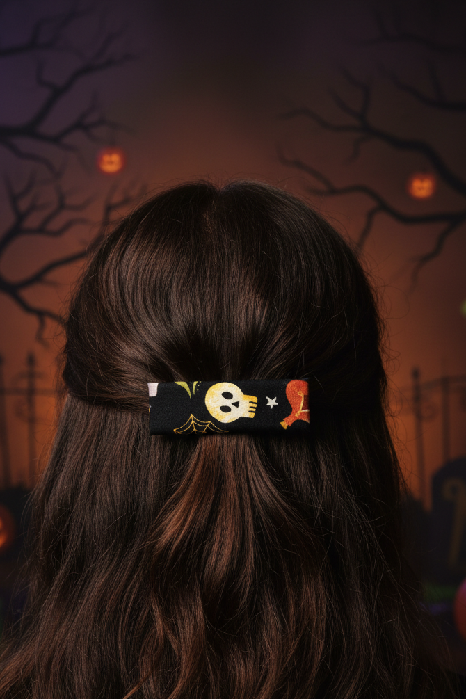 Skull Halloween Hair Clip, 3.25" Barrette, Halloween, Leather Lined