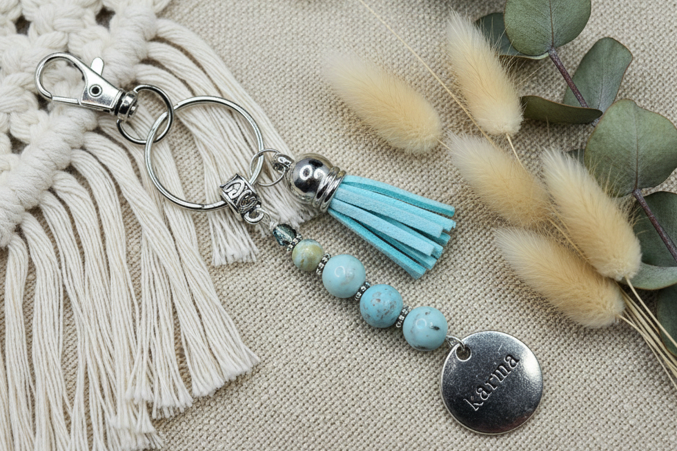 Keychain, Purse Charm, Gemstone Beaded Chain, Zipper Pull, Karma Light Cream Turquoise, Light Blue Tassel