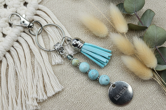 Keychain, Purse Charm, Gemstone Beaded Chain, Zipper Pull, Karma Light Cream Turquoise, Light Blue Tassel