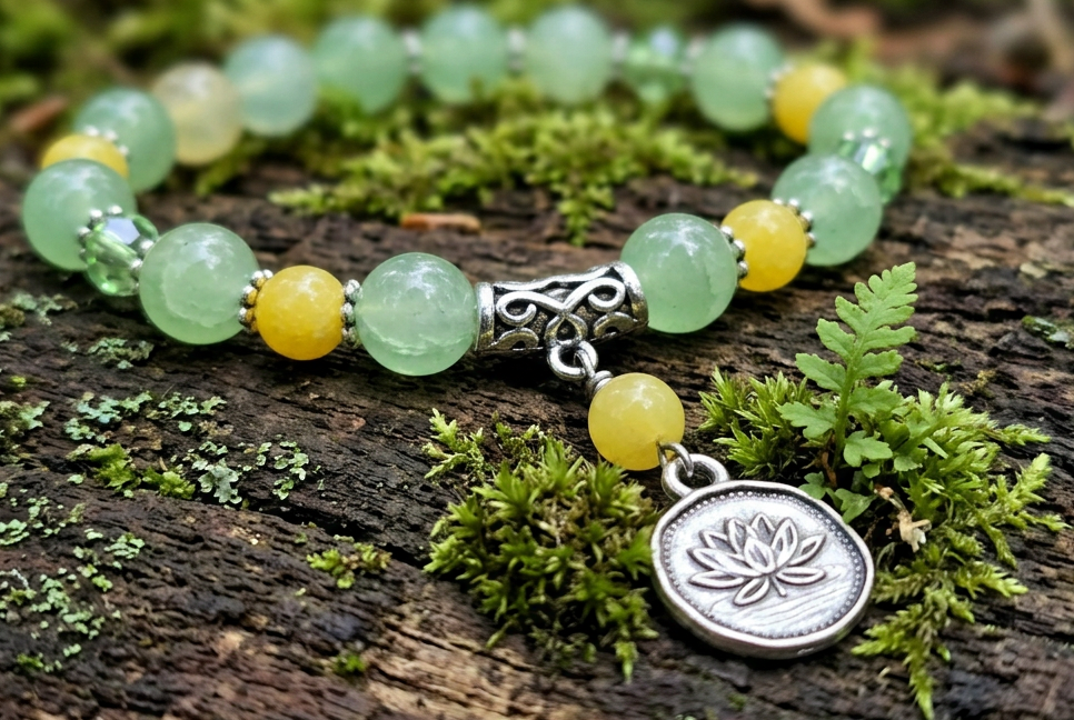 Green Agate & Jade Gemstone Healing Bracelet, Lotus Stretch Bracelet