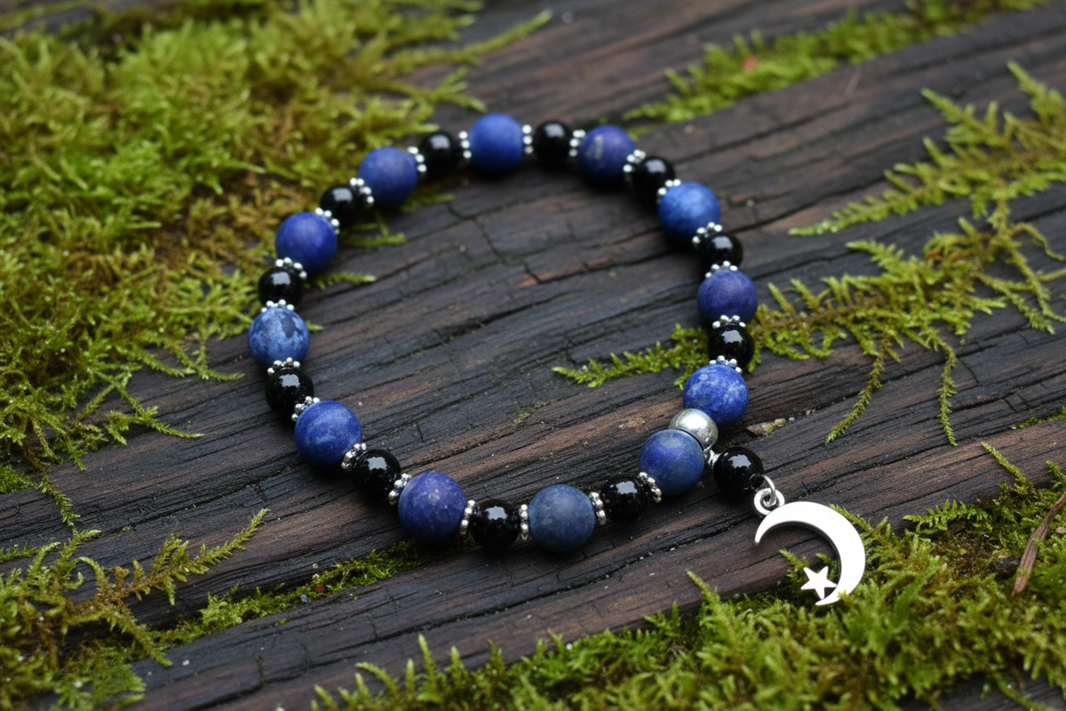 Lapis Lazuli & Blue Sandstone Healing Bracelet, Moon Stretch Bracelet, Blue Bracelet