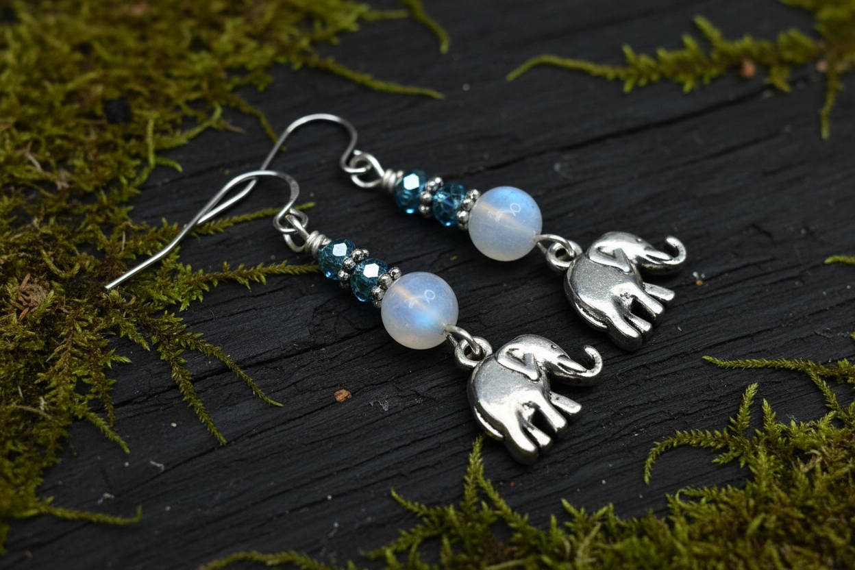 Blue Flash Moonstone Elephant Earrings, Clearance