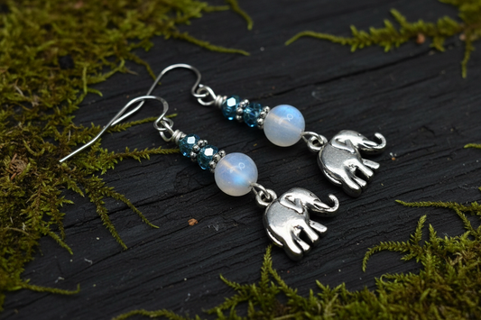 Blue Flash Moonstone Elephant Earrings, Clearance