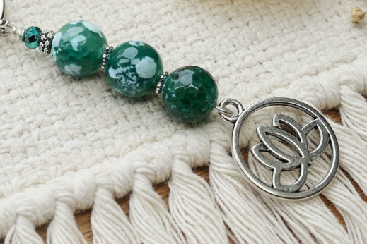 Keychain, Purse Charm, Gemstone Beaded Chain, Zipper Pull, Green Fire Agate Lotus
