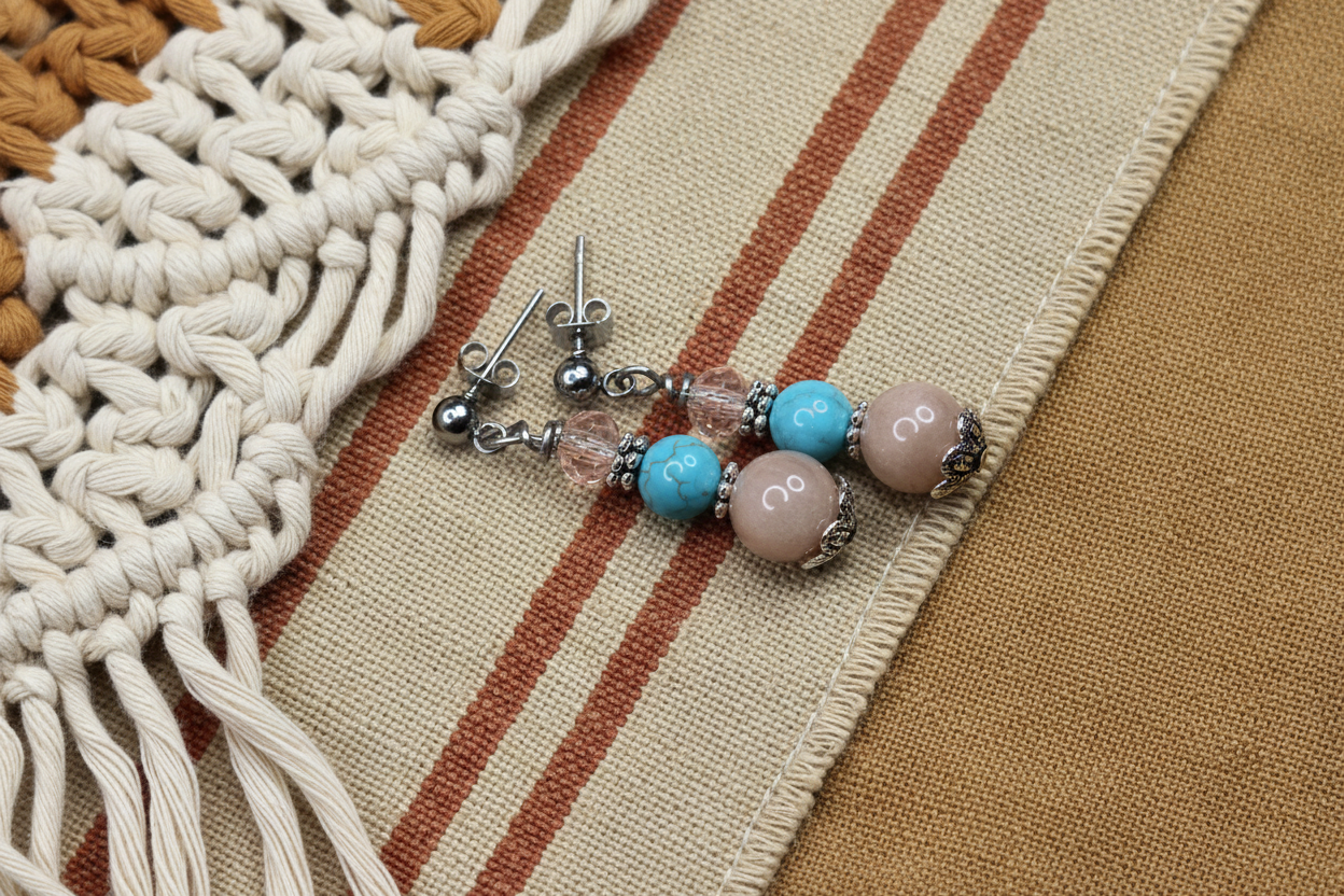 Peach Moonstone & Magnesite Earrings, Steel, Hypoallergenic, Sensitive Skin, Gemstone Ball Post