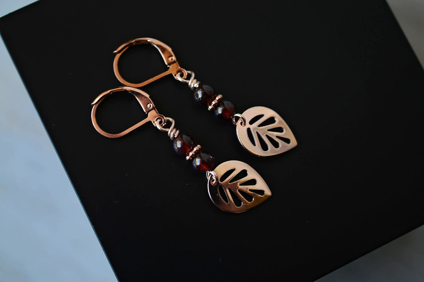 Sangria Garnet Rose Gold Leaf Earrings, Maroon Earrings,  Red Earrings,  January Birthstone,  Healing Jewelry