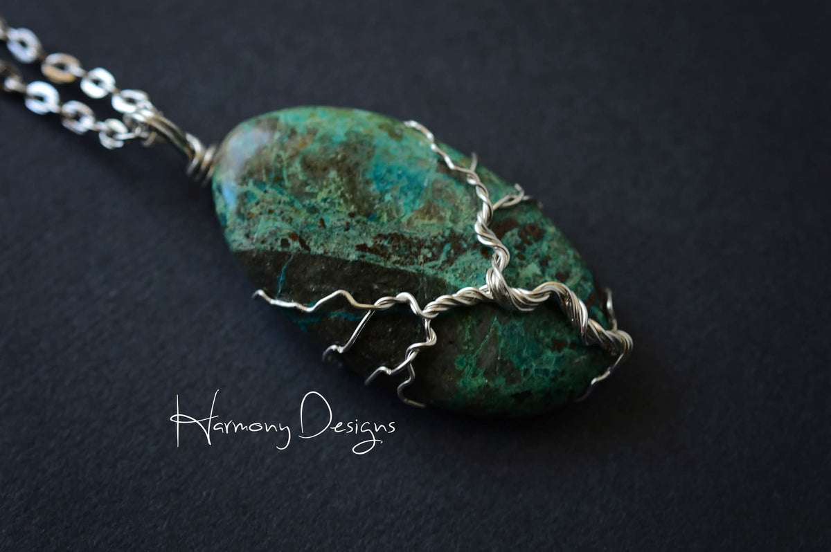 Chrysocolla Tree of Life Necklace,  Wire Wrapped, 24 Inch, Green Necklace, Calming