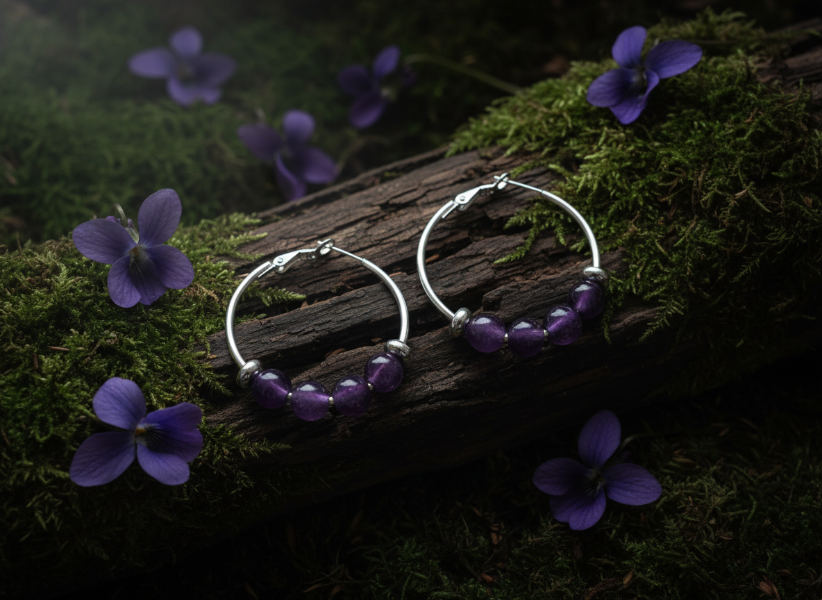 Amethyst Beaded Steel Hoop Earrings