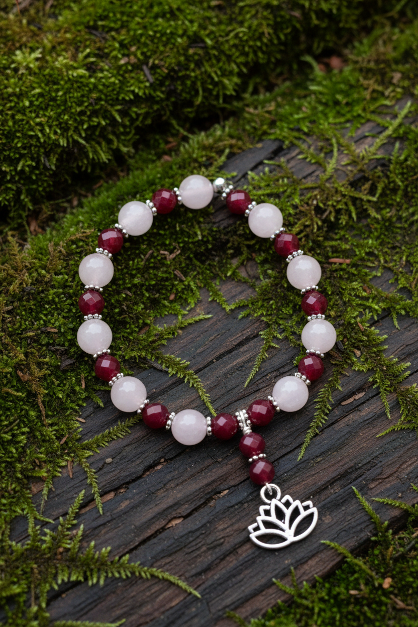 Rose Quartz & Carnelian Healing Bracelet, Lotus Stretch Bracelet, Anxiety Bracelet