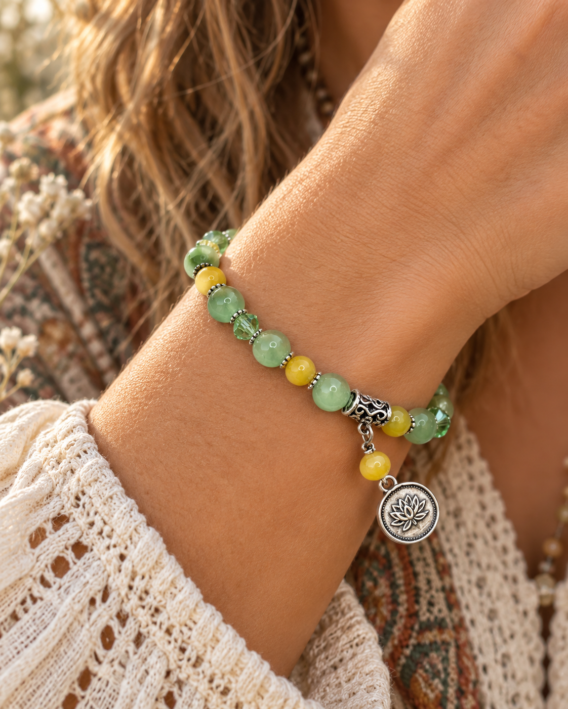Green Agate & Jade Gemstone Healing Bracelet, Lotus Stretch Bracelet