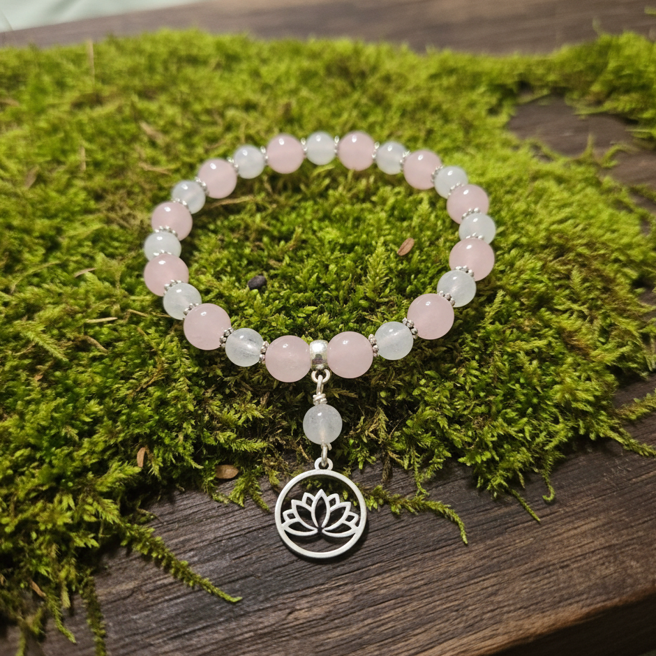 Rose Quartz & Blue Flash Moonstone Gemstone Bracelet, Pink & White Stretch Bracelet, Lotus Bracelet, Anxiety Bracelet