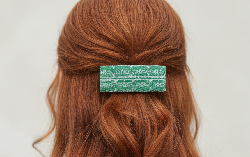 Green Lace French Hair Clip, Fabric Clip, 3.25 Inch, Rectangle
