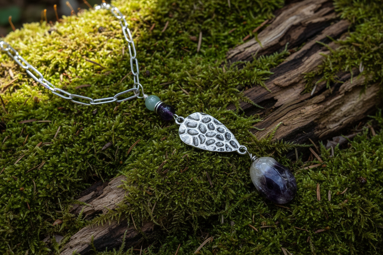 Paperclip Necklace, Steel Gemstone, Amethyst & Burma Jade