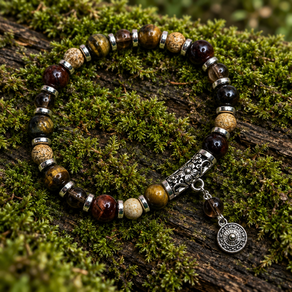Tigers Eye, Smoky Quartz & Picture Jasper Gemstone Bracelet, Mandala Stretch Bracelet, Clarity, Motivation,  6.75 Inch