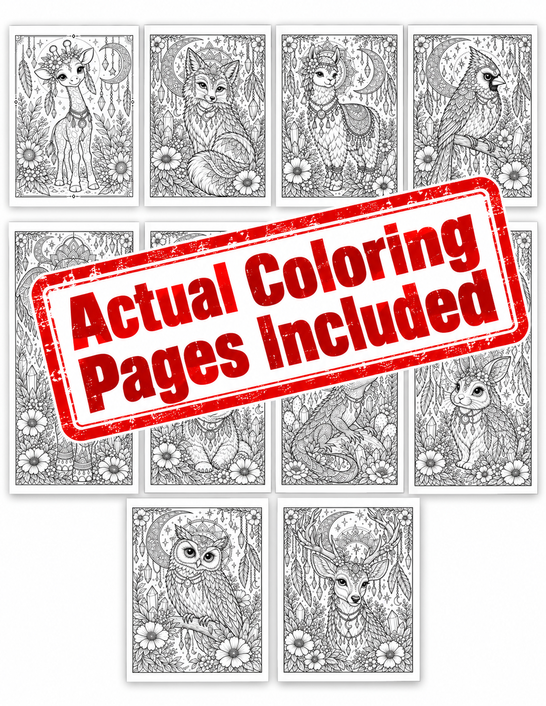 Digital Coloring Pages,  Adult Coloring Art, Boho Animals, Relaxation