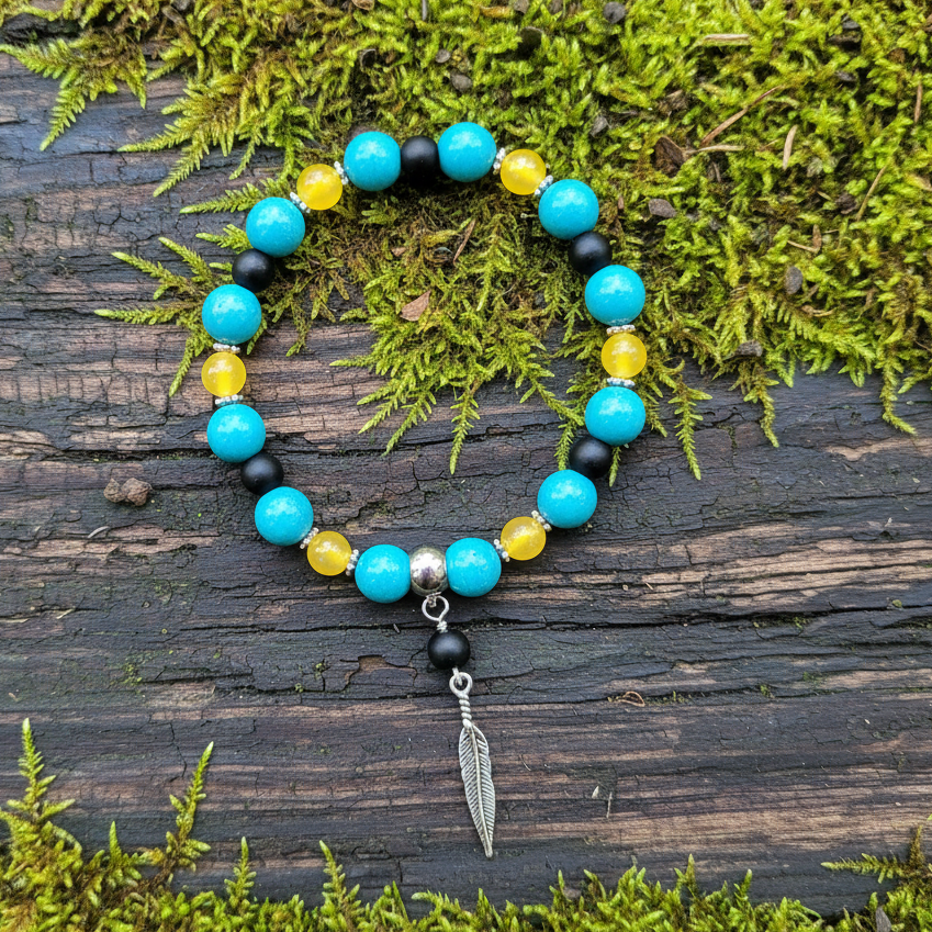 Jade & Onyx Gemstone Bracelet, Feather Stretch Bracelet, Calming