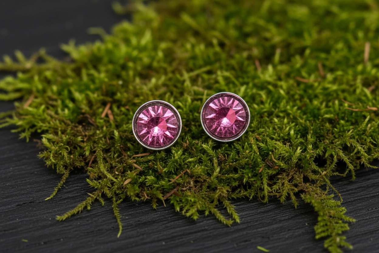 Pink Rose Czech Crystal Post Steel Earrings, Presioca, Stud Earrings