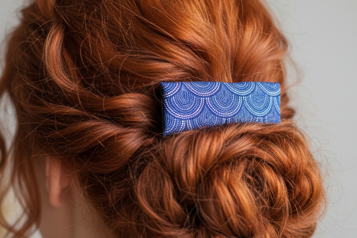 Blue Scallops Boho French Hair Clip, Fabric Clip, 3.25 Inch, Rectangle, Leather Lined Barrette - Harmonyandsage