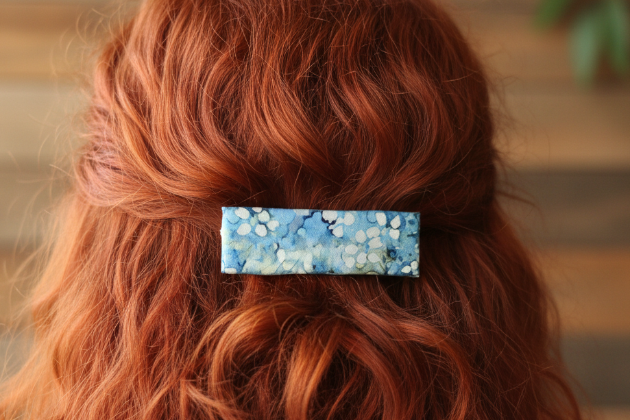 Blue Boho Batik French Hair Clip, Fabric Clip, 3.25 Inch, Rectangle, Leather Lined Barrette, Forest Whisper Fabric - Harmonyandsage