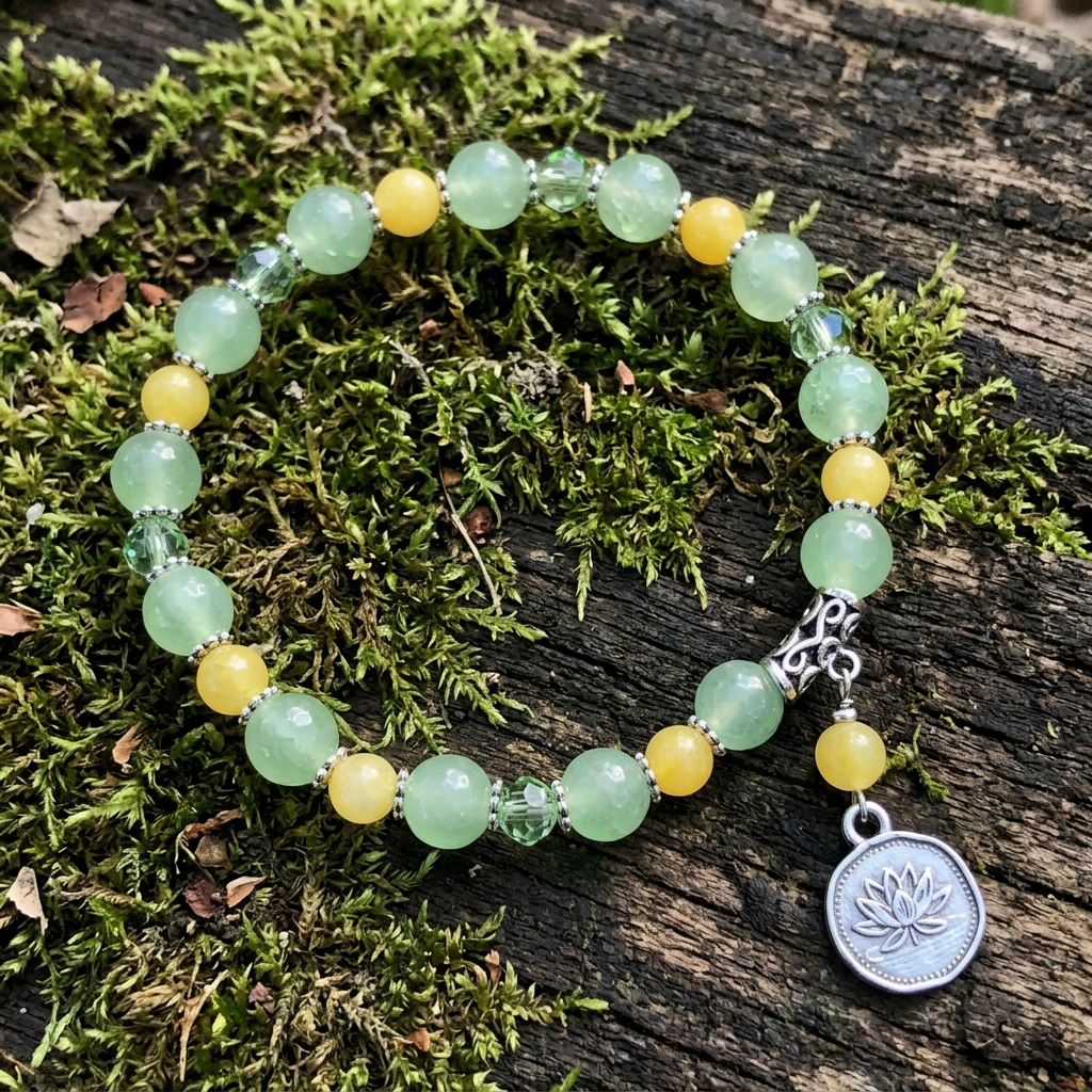 Green Agate & Jade Gemstone Healing Bracelet, Lotus Stretch Bracelet