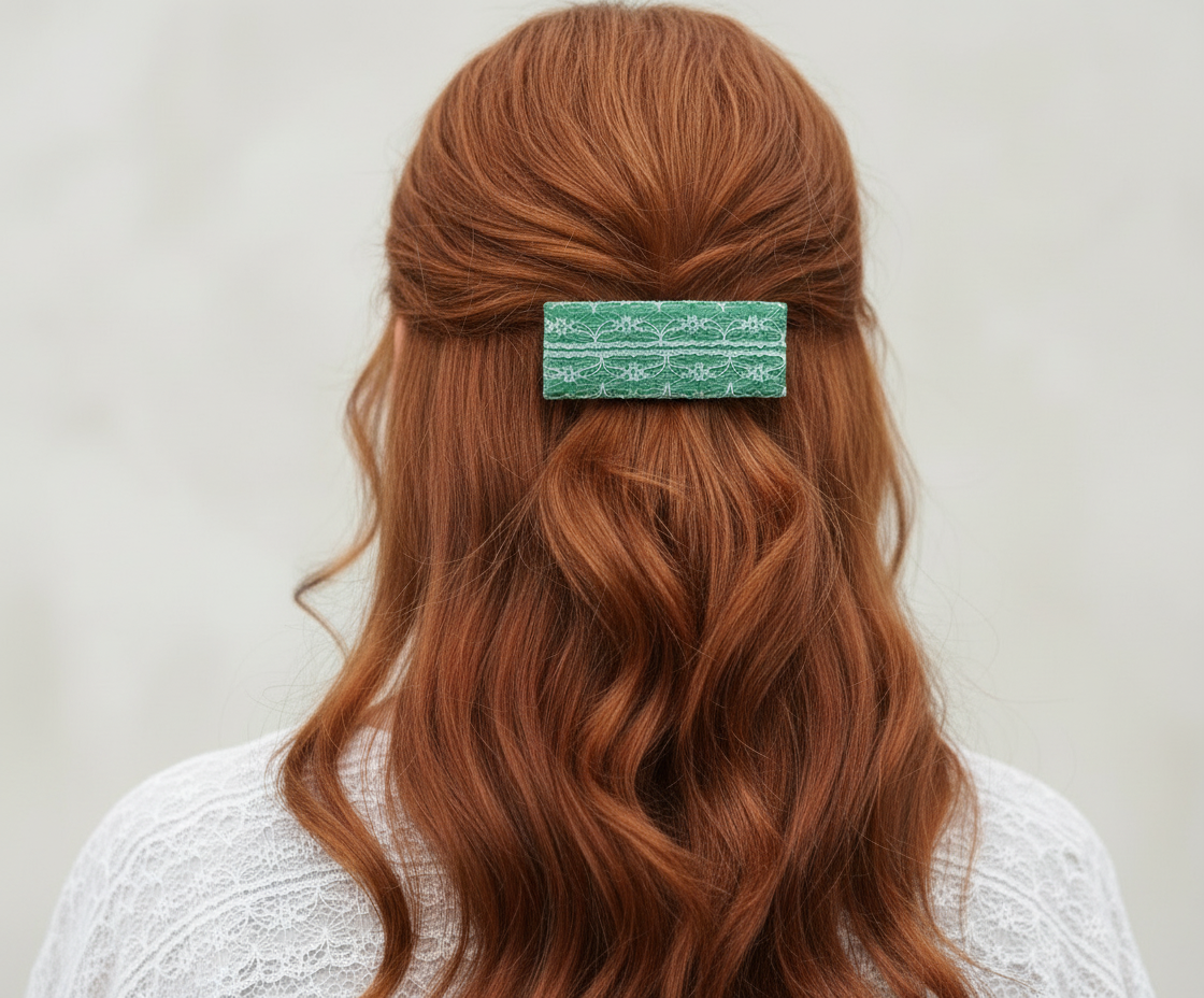 Green Lace French Hair Clip, Fabric Clip, 3.25 Inch, Rectangle