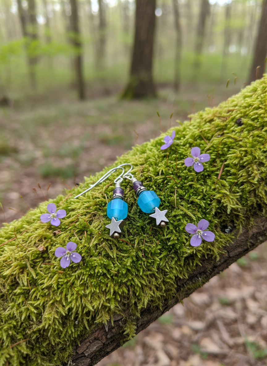 Amazonite & Amethyst Star Earrings, Steel Earrings, Gemstone Earrings, Fishhook, Cathedral Beads. French Hook