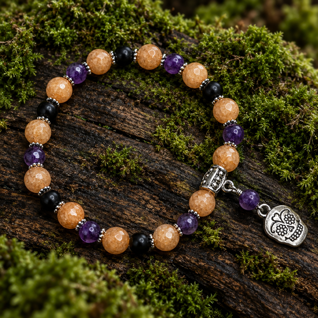 Jade, Onyx & Agate Gemstone Bracelet, Sugar Skull Halloween Bracelet, Protection & Strength