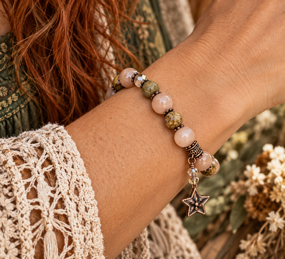 Peach Moonstone Copper Star Bracelet, Fossil Jasper & Czech, Calming, Star Face, 7 Inch