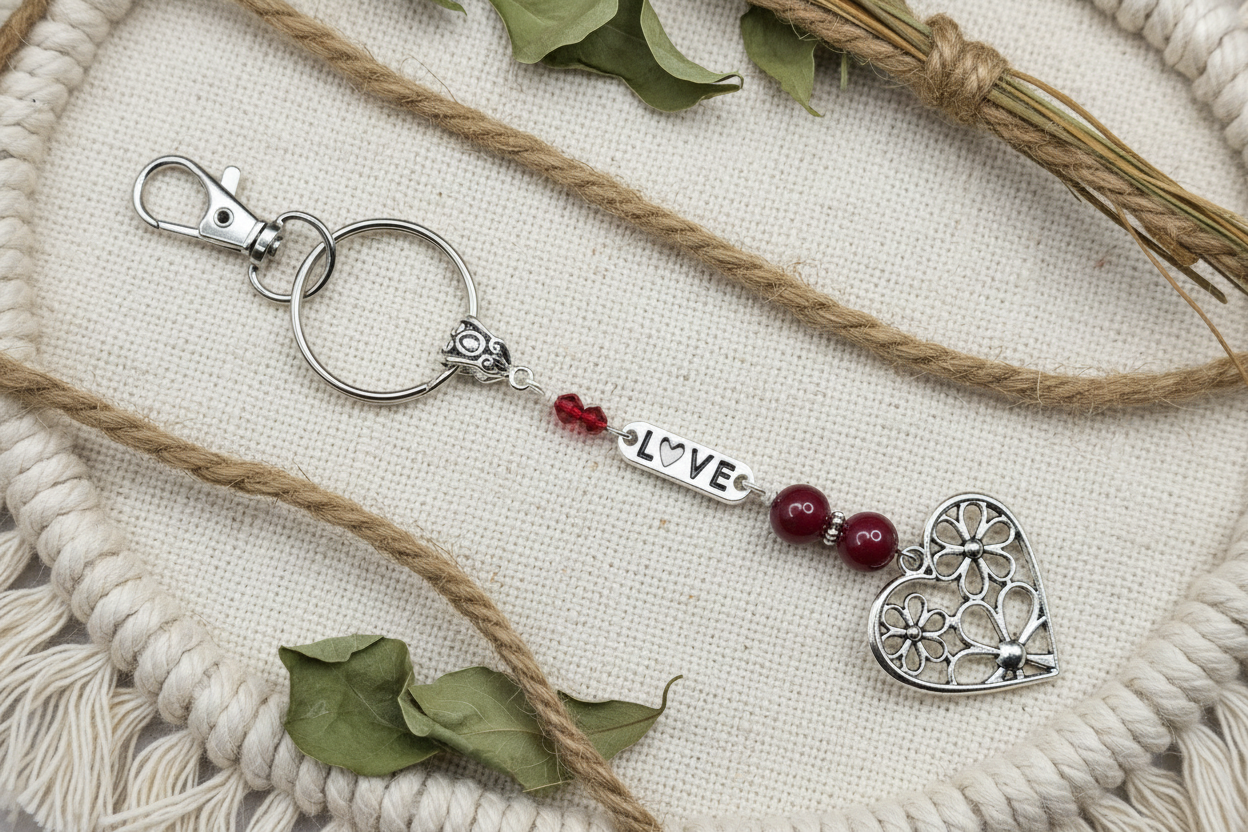 Key Chain, Purse Charm, Gemstone Beaded Chain, Zipper Pull,  Heart, Red Jade