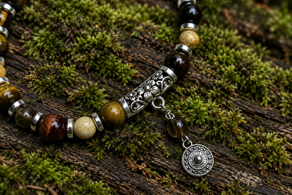 Tigers Eye, Smoky Quartz & Picture Jasper Gemstone Bracelet, Mandala Stretch Bracelet, Clarity, Motivation,  6.75 Inch