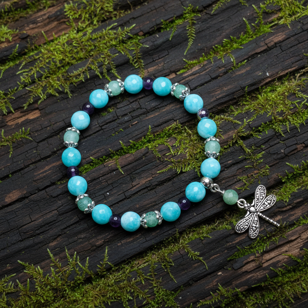 Amazonite, Amethyst & Frosted Green Agate Gemstone Bracelet,  Dragonfly Stretch Bracelet, Calming,  Grounding