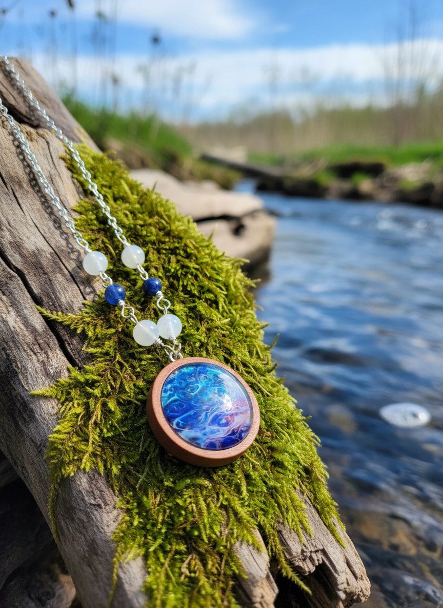 Moonstone & Kyanite Art Necklace, Art Necklace,  Original Painting, Abstract