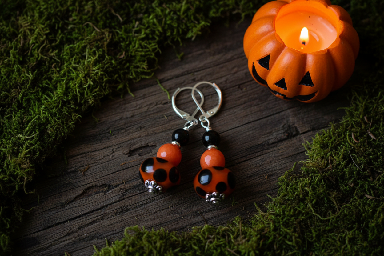 Sterling Silver Lampwork Jade Halloween Earrings, Clearance