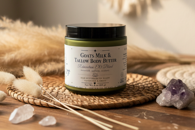 Goats Milk & Tallow Body Butter, Moisturizing Butter, Cream, Whipped Body Butter, Relaxation, Essential Oil Blend, 4 OZ